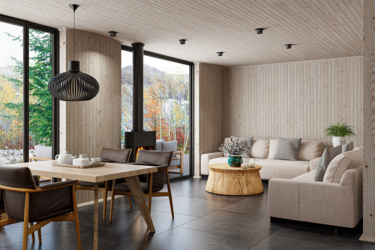 Scandinavian Living Room with Sofas, Fireplace and Natural Wood Accents