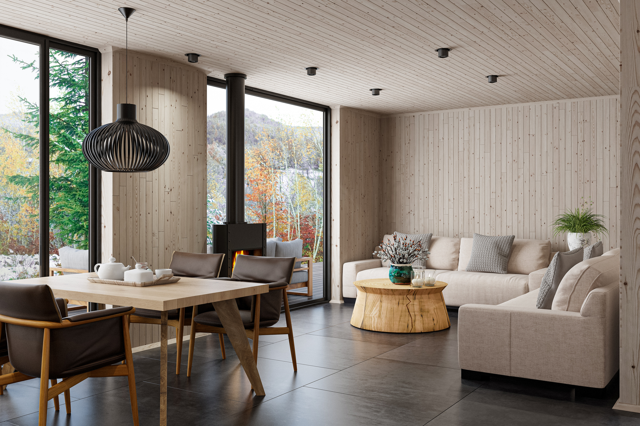 Scandinavian Living Room with Sofas, Fireplace and Natural Wood Accents