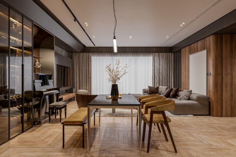 Modern Open-Concept Living and Dining Room with Stylish Furniture and Piano
